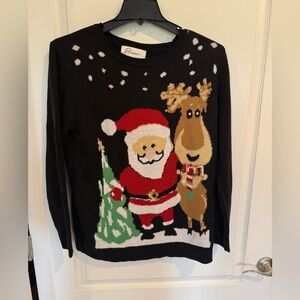 Easy essentials women’s black holiday Christmas sweater Santa reindeer XL